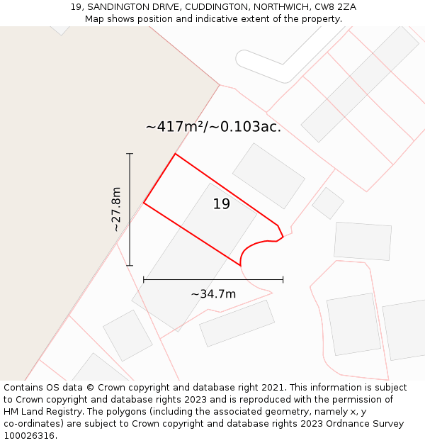 19, SANDINGTON DRIVE, CUDDINGTON, NORTHWICH, CW8 2ZA: Plot and title map