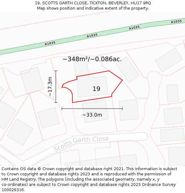 19, SCOTTS GARTH CLOSE, TICKTON, BEVERLEY, HU17 9RQ: Plot and title map