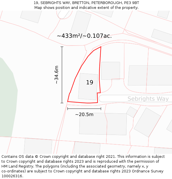 19, SEBRIGHTS WAY, BRETTON, PETERBOROUGH, PE3 9BT: Plot and title map