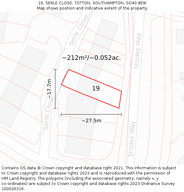 19, SERLE CLOSE, TOTTON, SOUTHAMPTON, SO40 8EW: Plot and title map