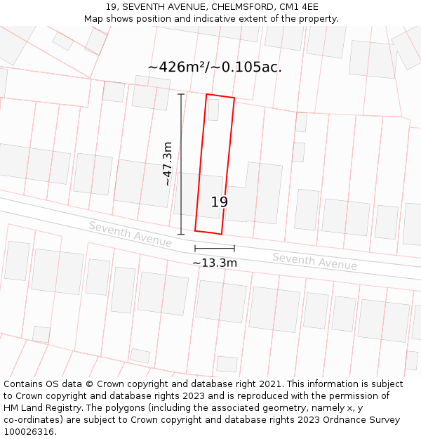 19, SEVENTH AVENUE, CHELMSFORD, CM1 4EE: Plot and title map