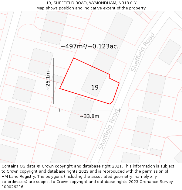 19, SHEFFIELD ROAD, WYMONDHAM, NR18 0LY: Plot and title map