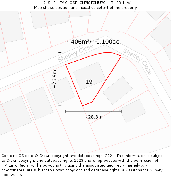 19, SHELLEY CLOSE, CHRISTCHURCH, BH23 4HW: Plot and title map