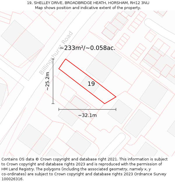 19, SHELLEY DRIVE, BROADBRIDGE HEATH, HORSHAM, RH12 3NU: Plot and title map