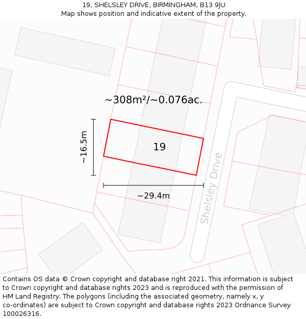 19, SHELSLEY DRIVE, BIRMINGHAM, B13 9JU: Plot and title map