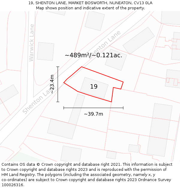 19, SHENTON LANE, MARKET BOSWORTH, NUNEATON, CV13 0LA: Plot and title map