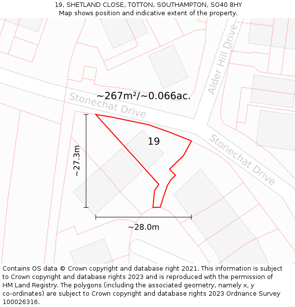 19, SHETLAND CLOSE, TOTTON, SOUTHAMPTON, SO40 8HY: Plot and title map