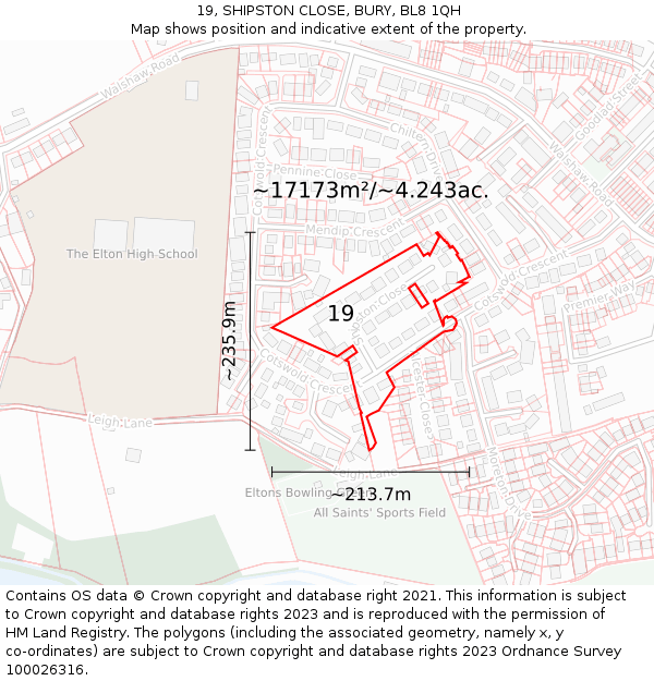 19, SHIPSTON CLOSE, BURY, BL8 1QH: Plot and title map