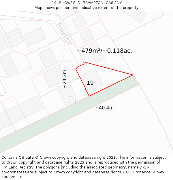 19, SHOWFIELD, BRAMPTON, CA8 1NY: Plot and title map