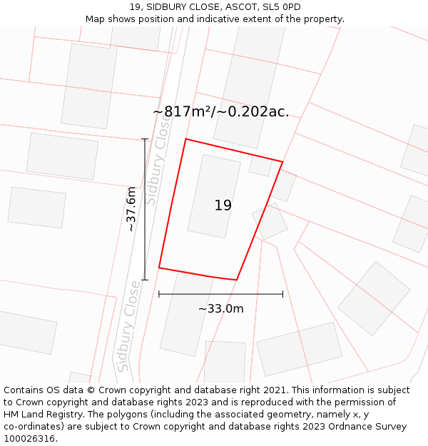 19, SIDBURY CLOSE, ASCOT, SL5 0PD: Plot and title map