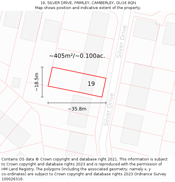 19, SILVER DRIVE, FRIMLEY, CAMBERLEY, GU16 9QN: Plot and title map