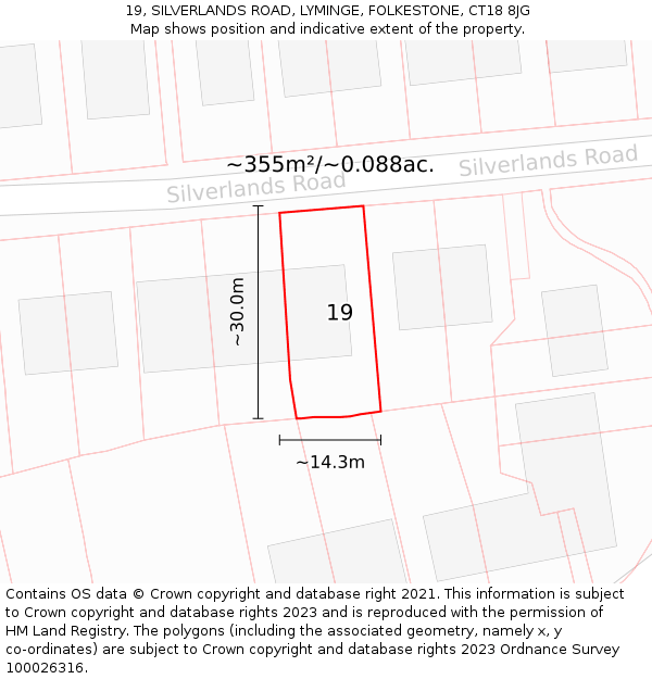 19, SILVERLANDS ROAD, LYMINGE, FOLKESTONE, CT18 8JG: Plot and title map