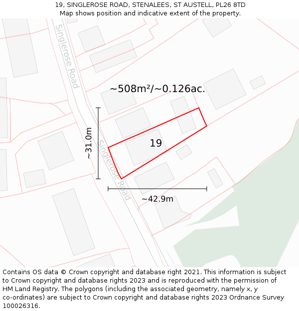 19, SINGLEROSE ROAD, STENALEES, ST AUSTELL, PL26 8TD: Plot and title map