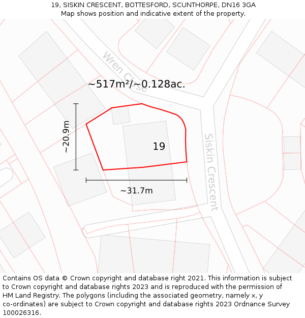 19, SISKIN CRESCENT, BOTTESFORD, SCUNTHORPE, DN16 3GA: Plot and title map