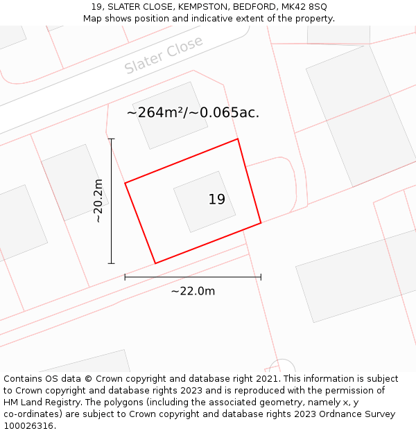 19, SLATER CLOSE, KEMPSTON, BEDFORD, MK42 8SQ: Plot and title map