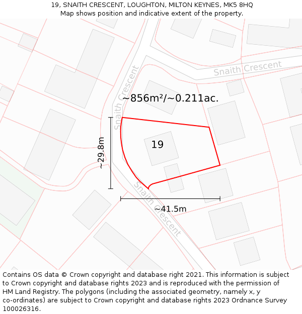 19, SNAITH CRESCENT, LOUGHTON, MILTON KEYNES, MK5 8HQ: Plot and title map