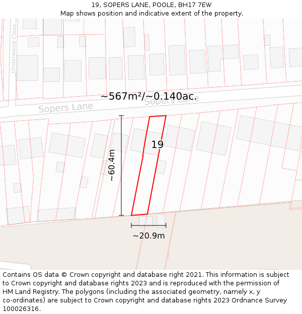 19, SOPERS LANE, POOLE, BH17 7EW: Plot and title map