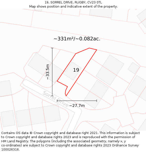 19, SORREL DRIVE, RUGBY, CV23 0TL: Plot and title map