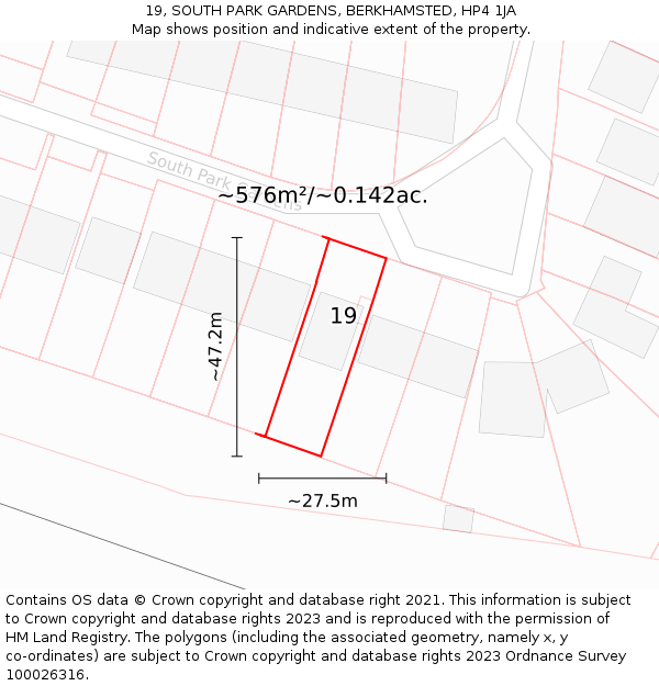 19, SOUTH PARK GARDENS, BERKHAMSTED, HP4 1JA: Plot and title map