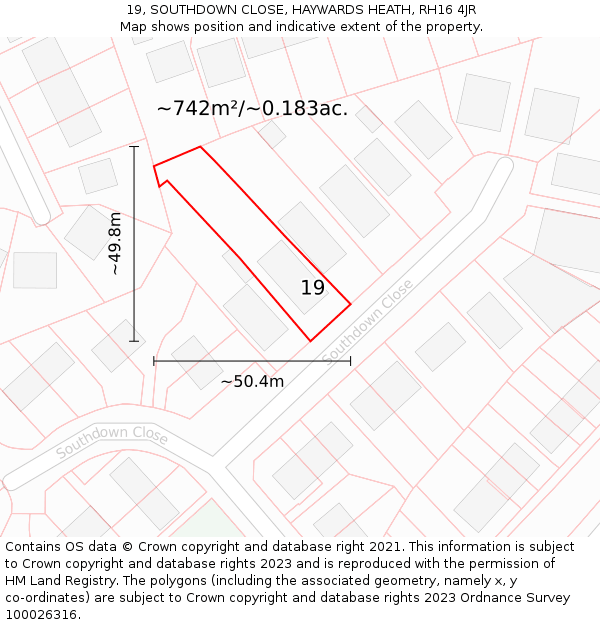 19, SOUTHDOWN CLOSE, HAYWARDS HEATH, RH16 4JR: Plot and title map