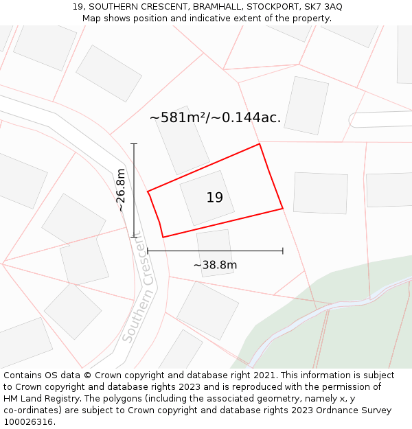 19, SOUTHERN CRESCENT, BRAMHALL, STOCKPORT, SK7 3AQ: Plot and title map