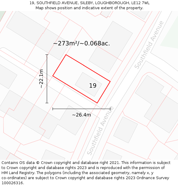 19, SOUTHFIELD AVENUE, SILEBY, LOUGHBOROUGH, LE12 7WL: Plot and title map