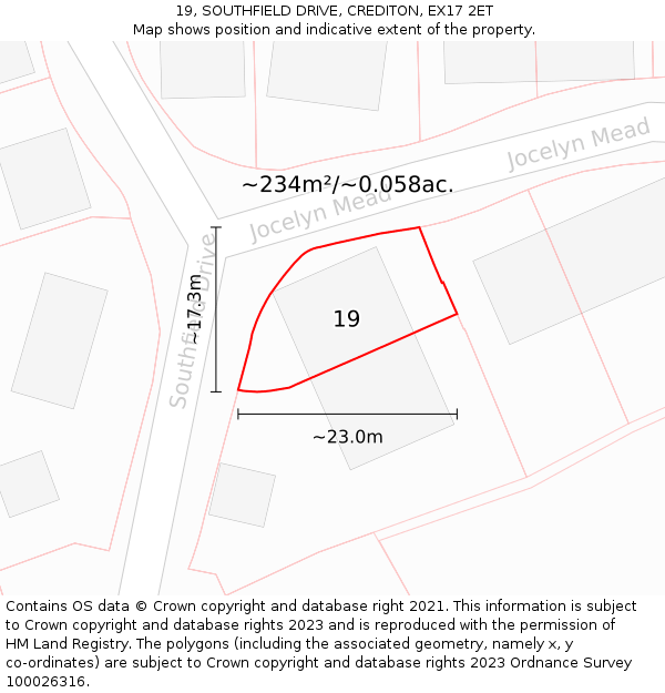 19, SOUTHFIELD DRIVE, CREDITON, EX17 2ET: Plot and title map