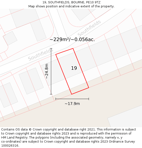 19, SOUTHFIELDS, BOURNE, PE10 9TZ: Plot and title map