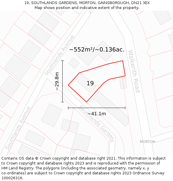 19, SOUTHLANDS GARDENS, MORTON, GAINSBOROUGH, DN21 3EX: Plot and title map