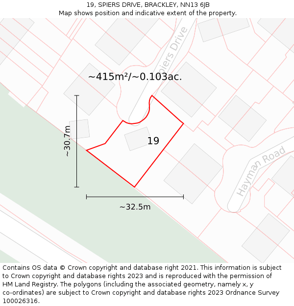 19, SPIERS DRIVE, BRACKLEY, NN13 6JB: Plot and title map