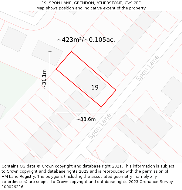 19, SPON LANE, GRENDON, ATHERSTONE, CV9 2PD: Plot and title map