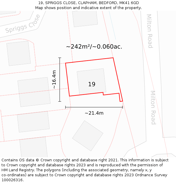 19, SPRIGGS CLOSE, CLAPHAM, BEDFORD, MK41 6GD: Plot and title map