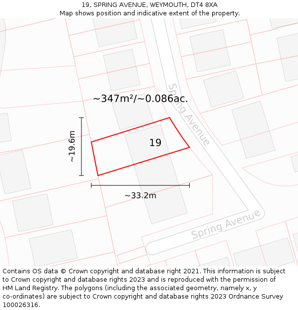 19, SPRING AVENUE, WEYMOUTH, DT4 8XA: Plot and title map