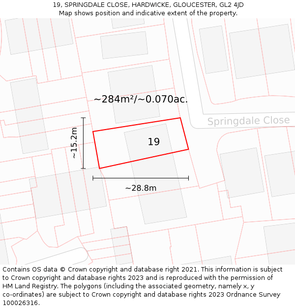 19, SPRINGDALE CLOSE, HARDWICKE, GLOUCESTER, GL2 4JD: Plot and title map
