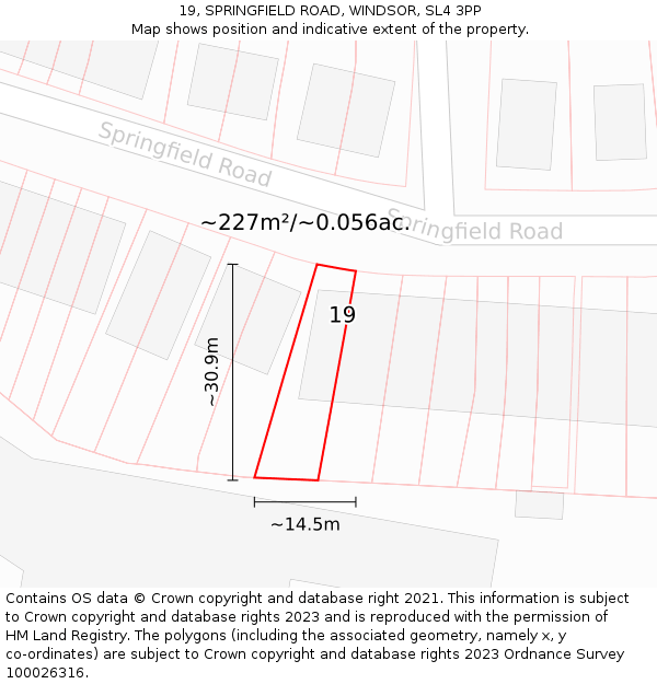 19, SPRINGFIELD ROAD, WINDSOR, SL4 3PP: Plot and title map