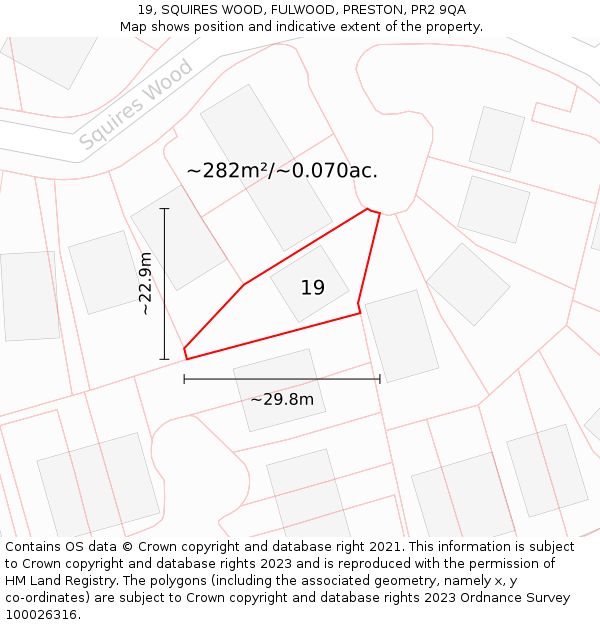 19, SQUIRES WOOD, FULWOOD, PRESTON, PR2 9QA: Plot and title map