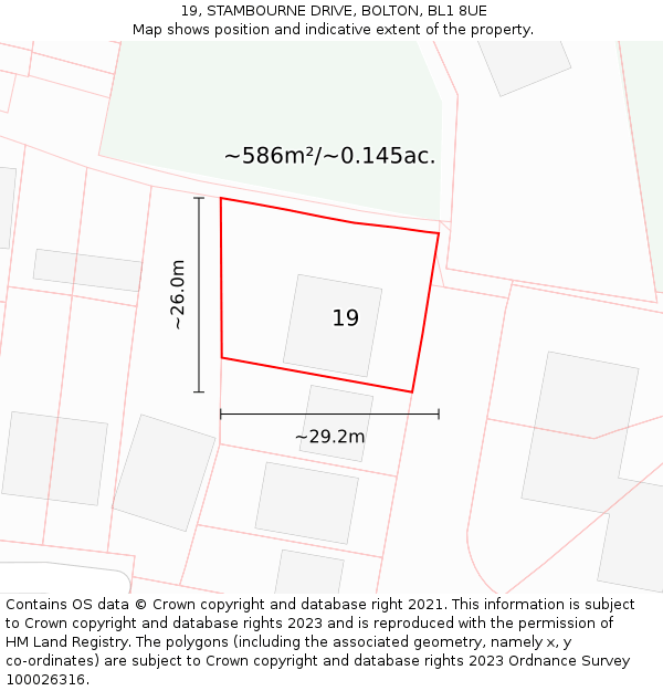 19, STAMBOURNE DRIVE, BOLTON, BL1 8UE: Plot and title map