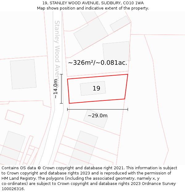 19, STANLEY WOOD AVENUE, SUDBURY, CO10 1WA: Plot and title map