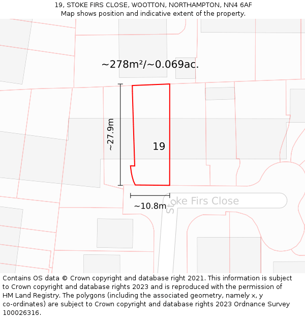 19, STOKE FIRS CLOSE, WOOTTON, NORTHAMPTON, NN4 6AF: Plot and title map