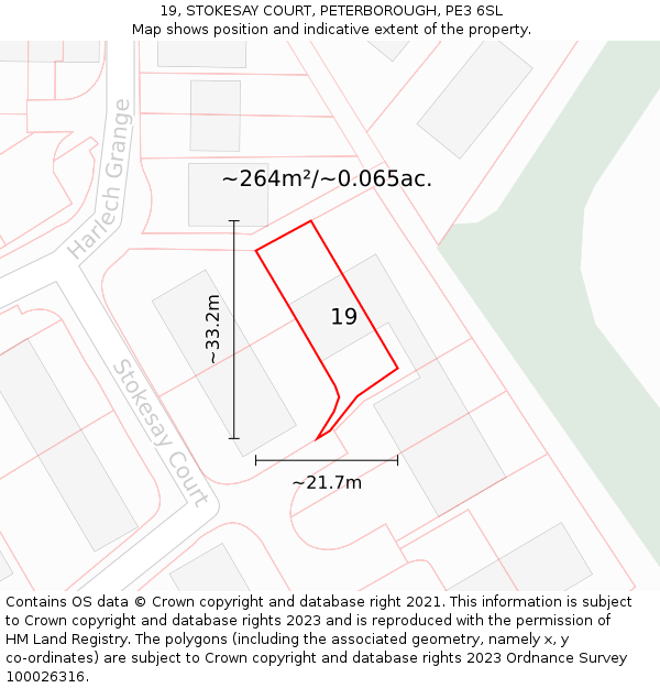 19, STOKESAY COURT, PETERBOROUGH, PE3 6SL: Plot and title map