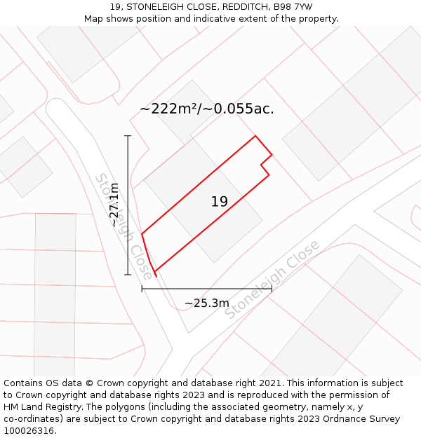 19, STONELEIGH CLOSE, REDDITCH, B98 7YW: Plot and title map