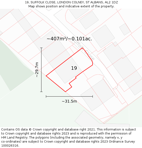 19, SUFFOLK CLOSE, LONDON COLNEY, ST ALBANS, AL2 1DZ: Plot and title map