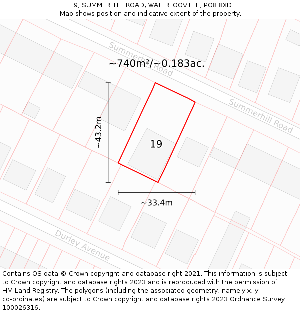 19, SUMMERHILL ROAD, WATERLOOVILLE, PO8 8XD: Plot and title map