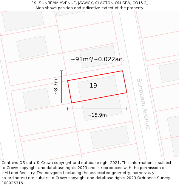 19, SUNBEAM AVENUE, JAYWICK, CLACTON-ON-SEA, CO15 2JJ: Plot and title map