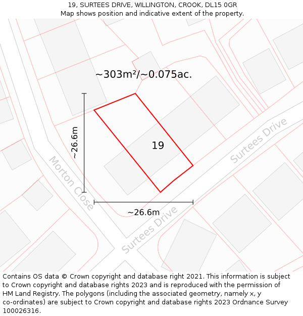 19, SURTEES DRIVE, WILLINGTON, CROOK, DL15 0GR: Plot and title map