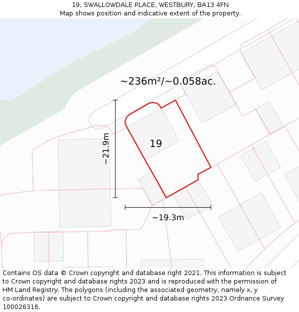 19, SWALLOWDALE PLACE, WESTBURY, BA13 4FN: Plot and title map