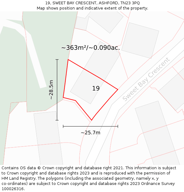 19, SWEET BAY CRESCENT, ASHFORD, TN23 3PQ: Plot and title map