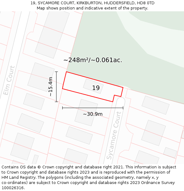 19, SYCAMORE COURT, KIRKBURTON, HUDDERSFIELD, HD8 0TD: Plot and title map