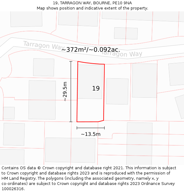 19, TARRAGON WAY, BOURNE, PE10 9NA: Plot and title map