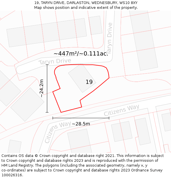 19, TARYN DRIVE, DARLASTON, WEDNESBURY, WS10 8XY: Plot and title map